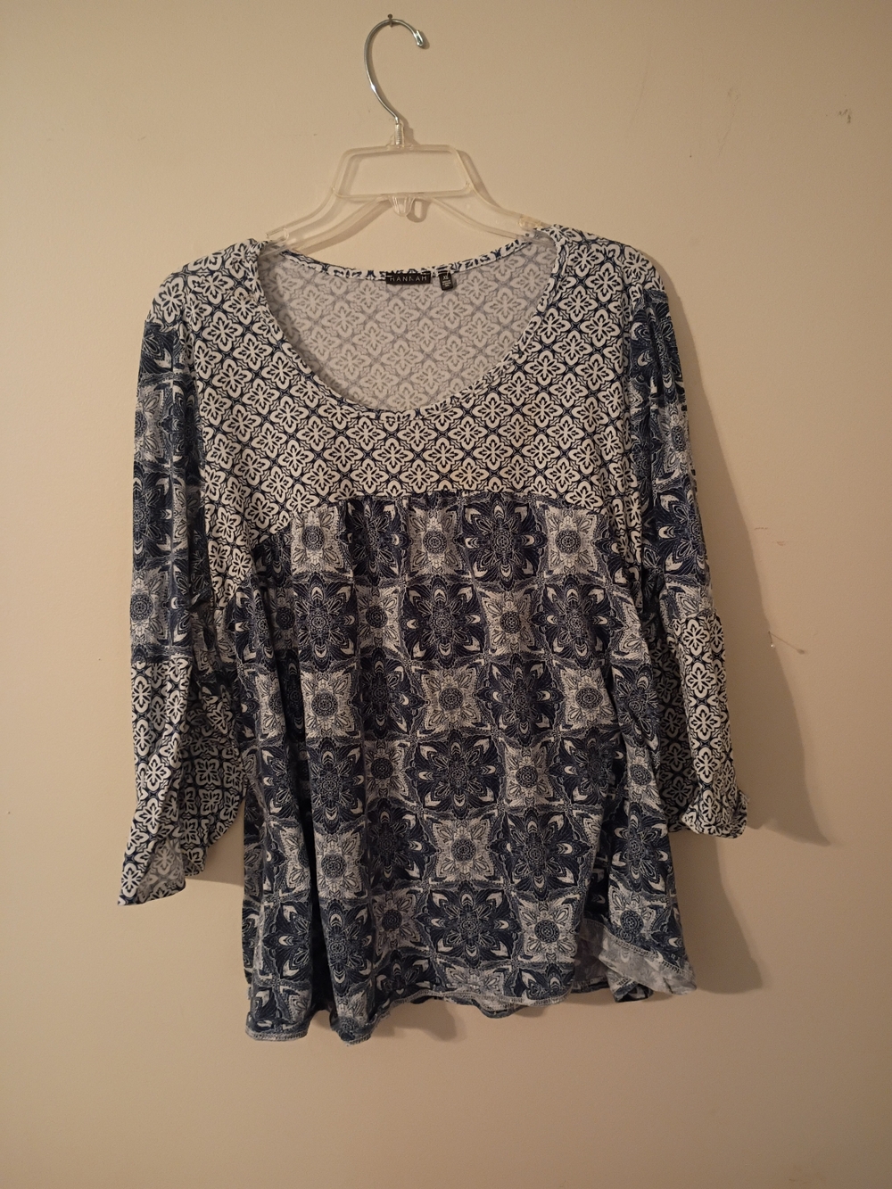 Hannah Navy and White Mix-Print Scoop Neck Tunic